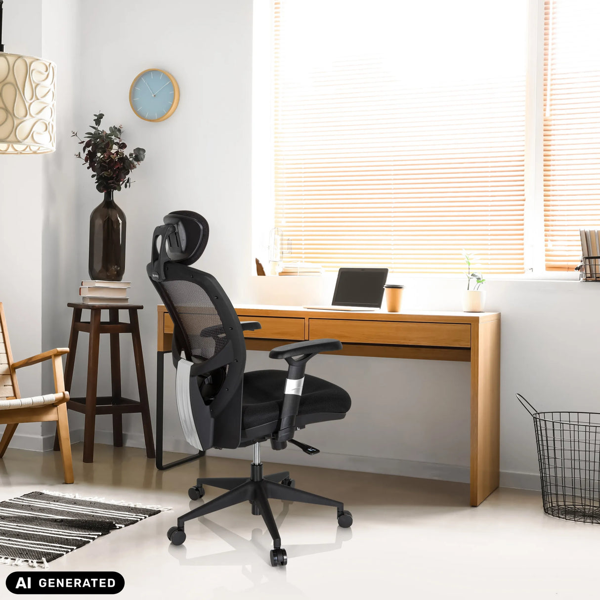 Schwarzer High-End-Bürostuhl VENUS BASE mit Netzrückenlehne und Kopfstütze im Homeoffice von hjh OFFICE (KI-generiertes Bild)