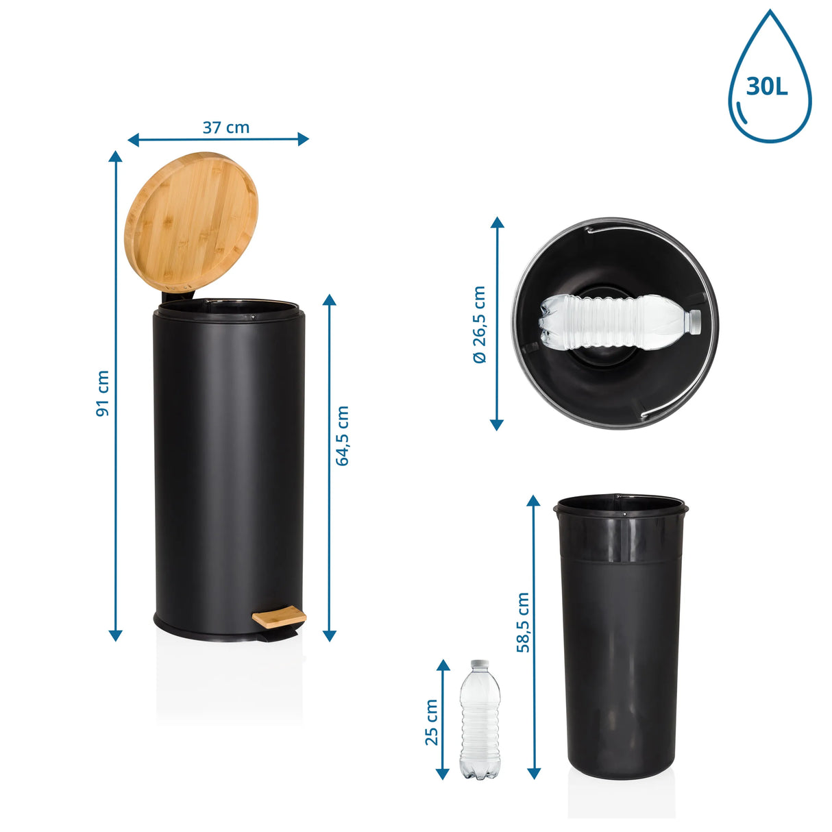 Maßzeichnung des Mülleimers CLEAN BAMBOO mit 30 l Volumen und einer Höhe von 91 cm von hjh OFFICE