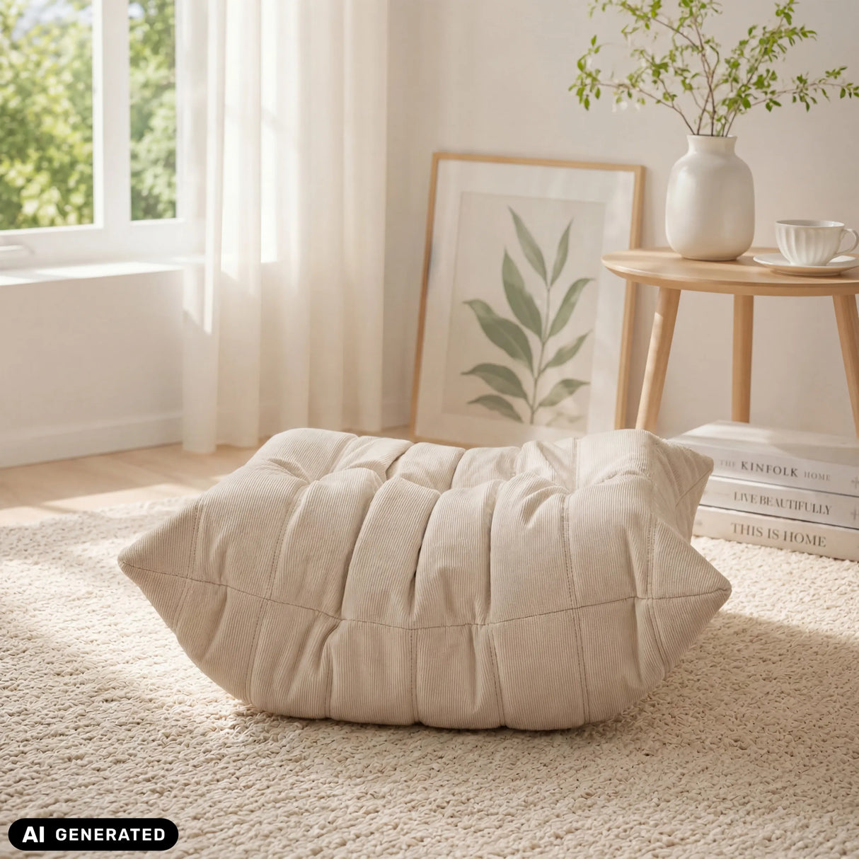Beiger Sitzsack Sitzolo Podi mit Steppstruktur auf einem hellen Teppich von hjh LIVING (KI-generiertes Bild)