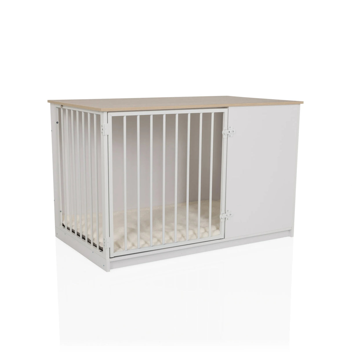 Weiße Hundebox PAWHOME XL mit Gittertür, Holzplatte in Eicheoptik und integrierten Näpfen von hjh LIVING – 360-Grad-Ansicht (schräge Frontansicht 30°)
