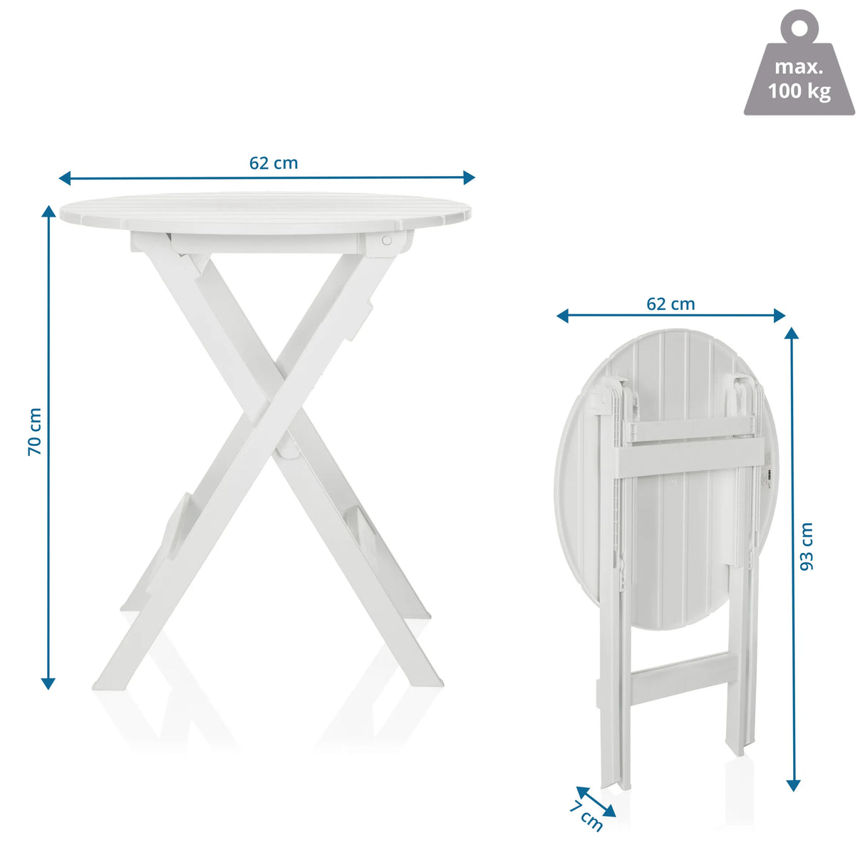 Maßzeichnung des Klapptischs TRAVANO T mit 62 × 62 cm und einer Höhe von 70 cm von hjh LIVING