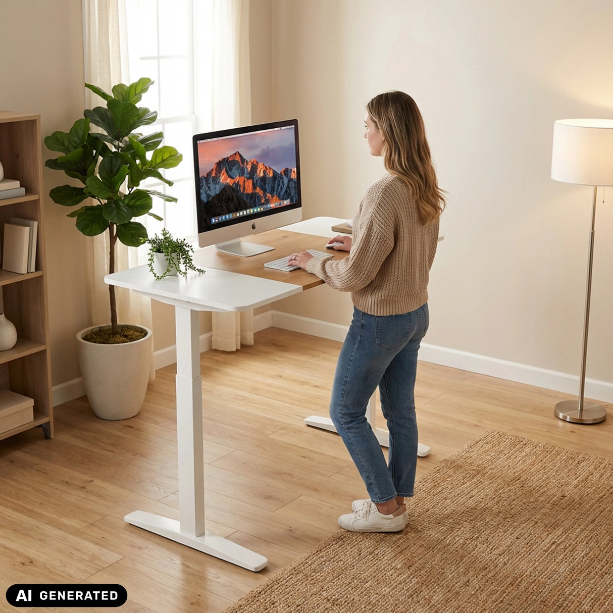 Elektrisch höhenverstellbarer Schreibtisch STAND T3 in Weiß und Eiche im Einsatz von hjh OFFICE (KI-generiertes Bild)