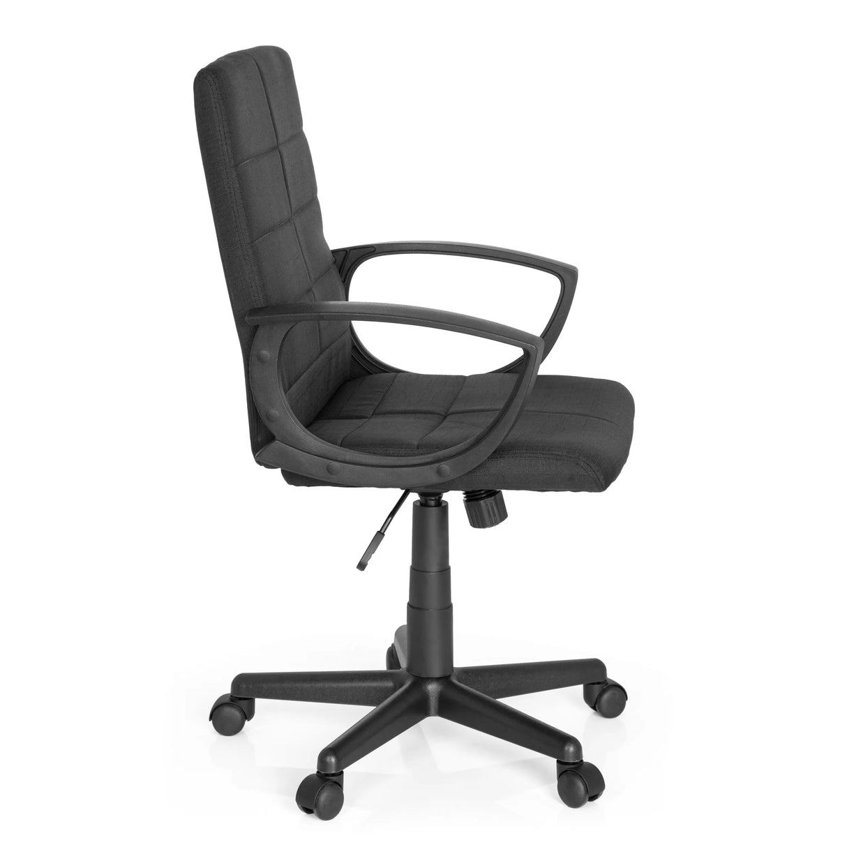 Schwarzer Homeoffice-Bürostuhl STAR-TEC CL300 mit Armlehnen und Fußkreuz mit fünf Rollen von MyBuero – 360-Grad-Ansicht (Seitenprofil 80°)