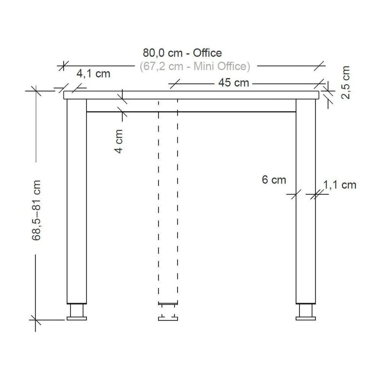 Maßzeichnung des Schreibtischs QUEO 16 S der Serie QUEO mit einer Breite von 80,0 cm von hjh OFFICE PRO