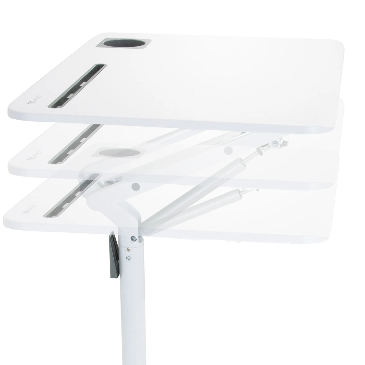 Höhenverstellbarer Mechanismus der weißen Tischplatte des Stehschreibtisches STAND VM-SU I von hjh OFFICE