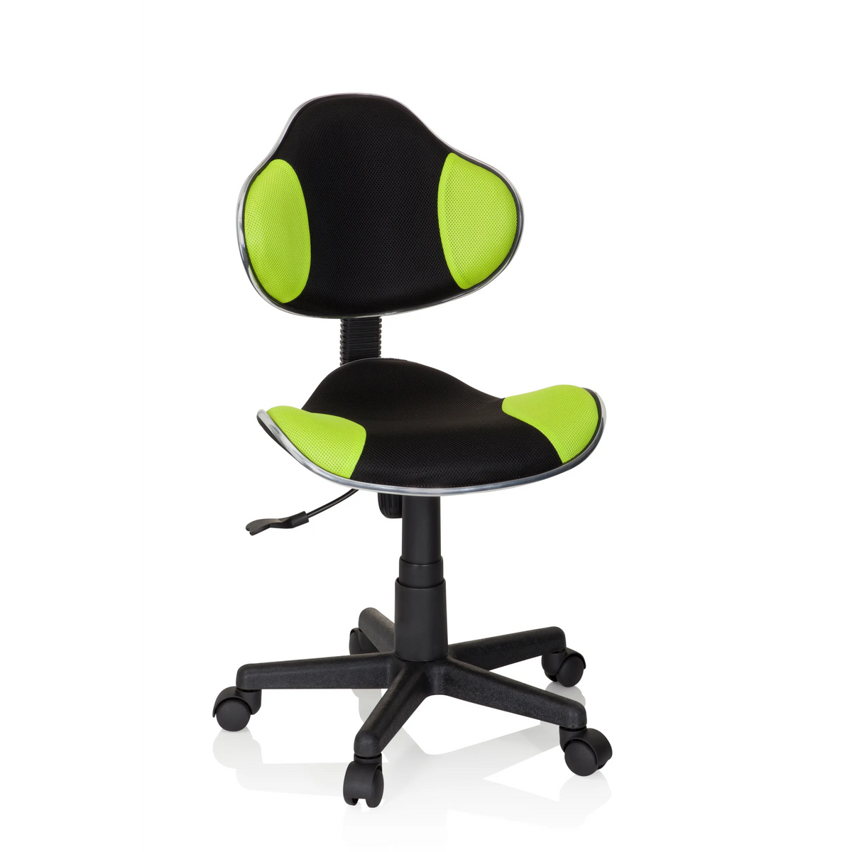 Schwarz-grüner Kinderdrehstuhl KIDDY GTI-2 mit Netzbezug und Fußkreuz mit fünf Rollen von hjh OFFICE – 360-Grad-Ansicht (Frontansicht 20°)