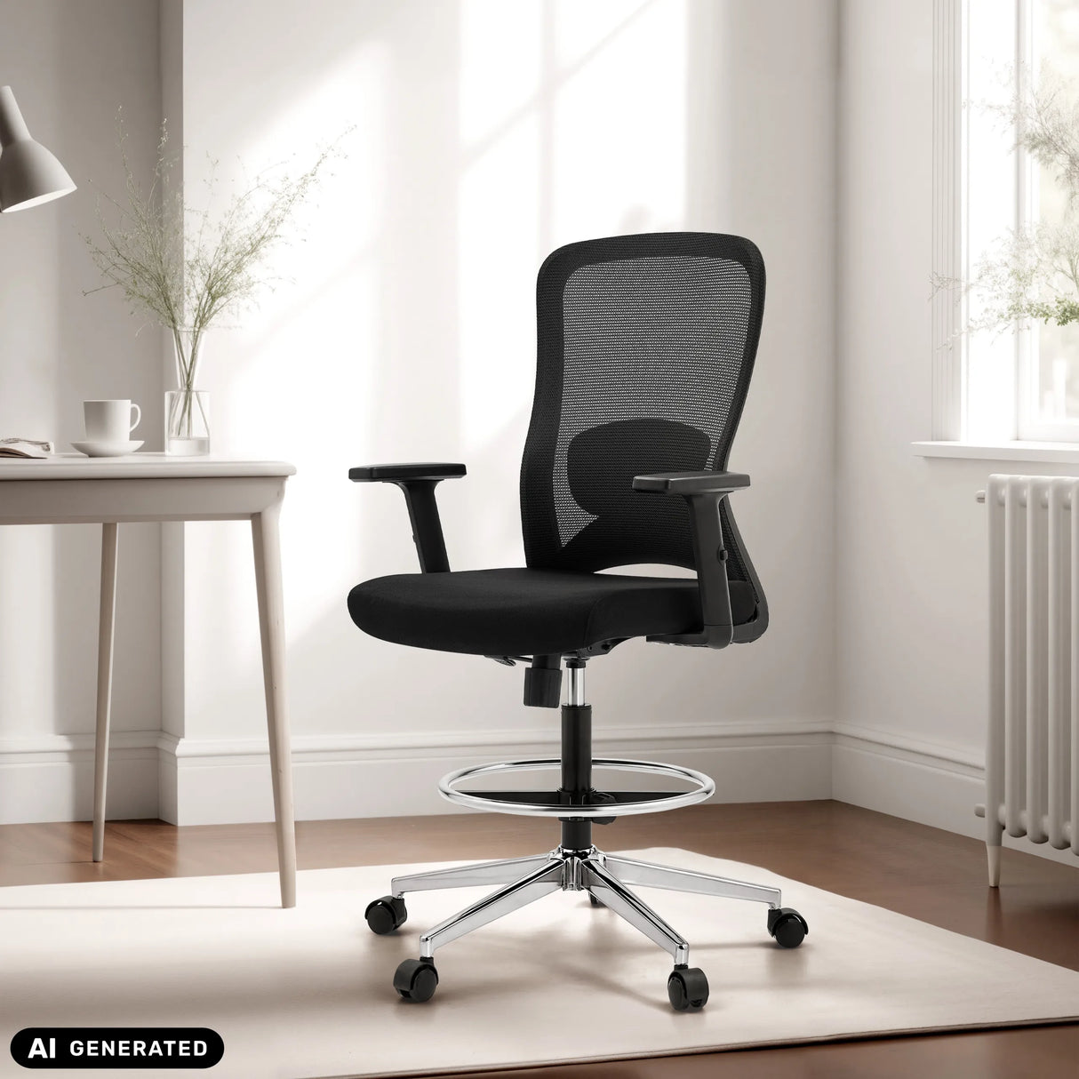 Schwarzer Arbeitsstuhl Top Work 44 mit Netzrückenlehne und Fußring von hjh OFFICE (KI-generiertes Bild)