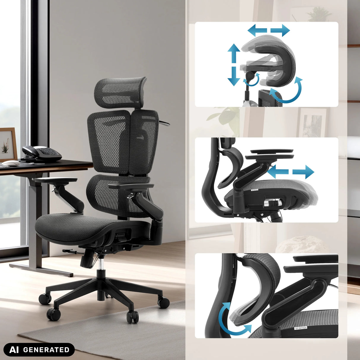Verstellbare Kopfstütze und Armlehnen des Profi-Bürostuhls Ergo U2 Pro3 von hjh OFFICE (KI-generiertes Bild)