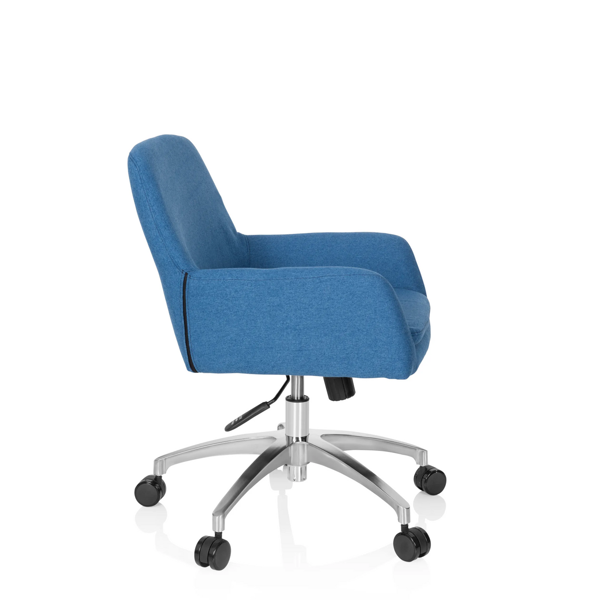 Blauer Homeoffice-Bürostuhl SHAKE 400 mit Armlehnen und Fußkreuz mit fünf Rollen von hjh OFFICE – 360-Grad-Ansicht (Seitenprofil 80°)