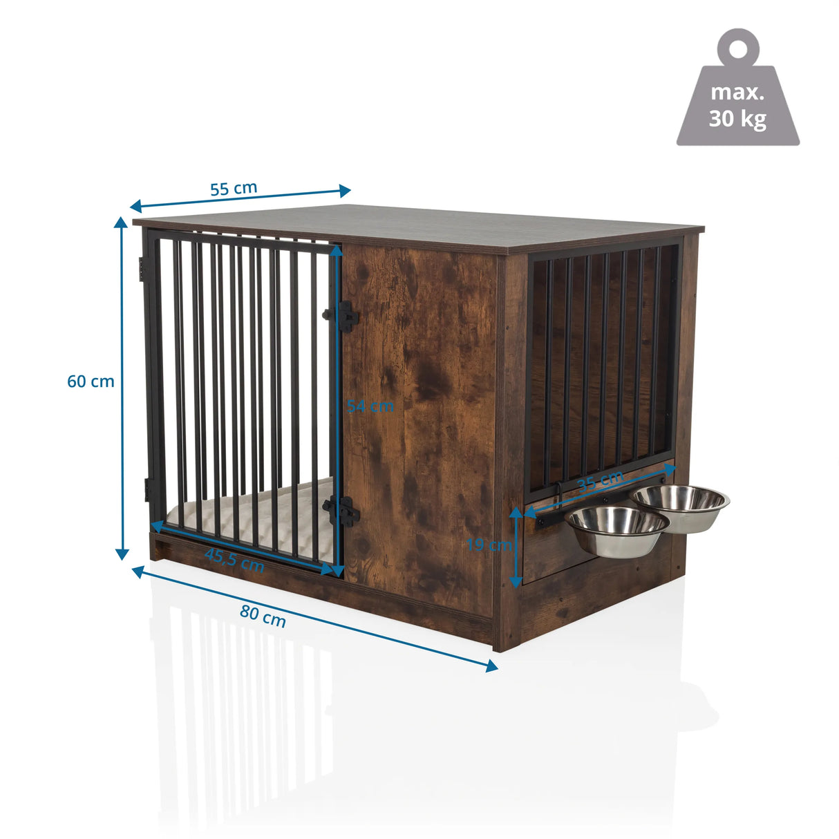 Maßzeichnung der Hundebox PAWHOME S in Braun mit 80 × 55 cm und zwei Futternäpfen von hjh LIVING