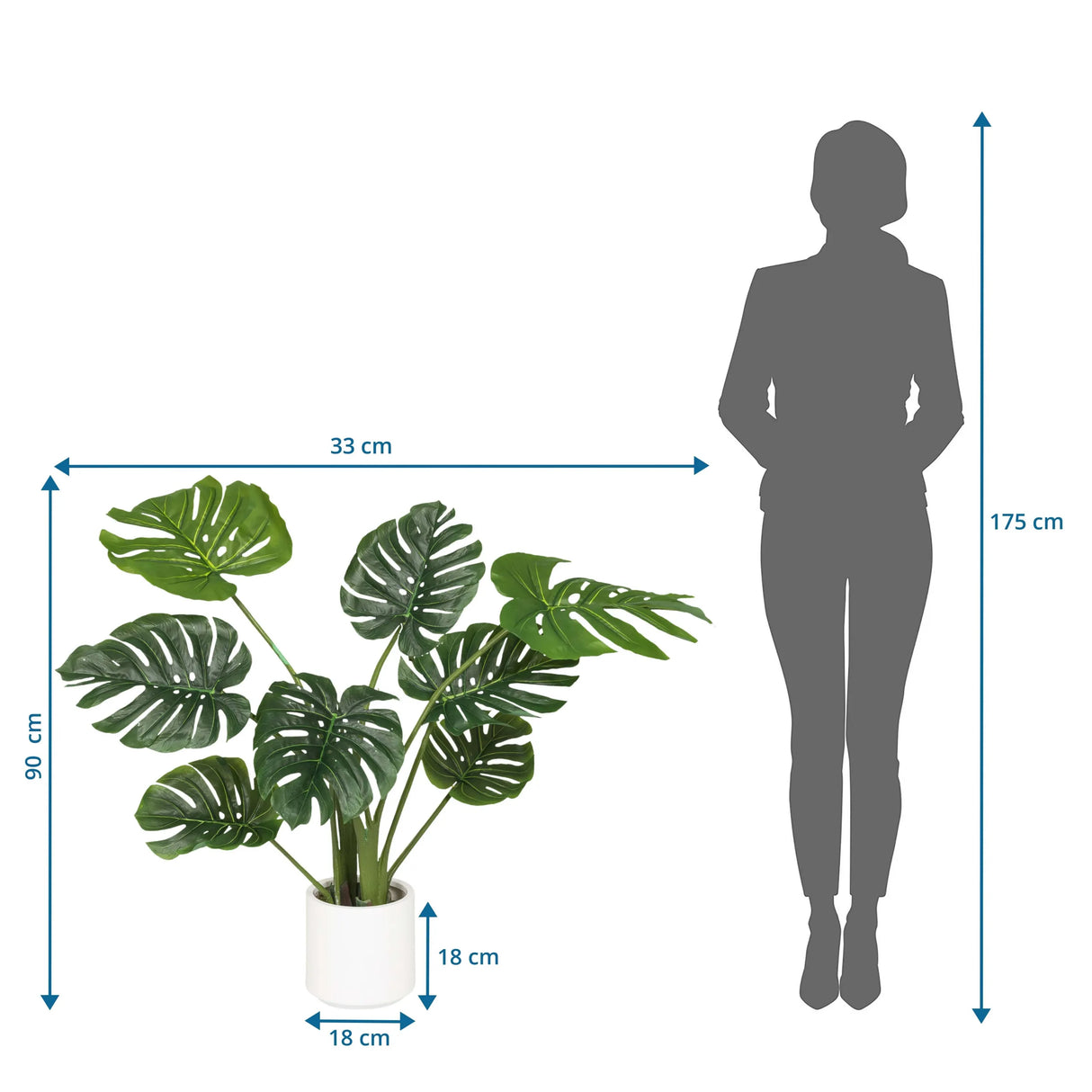 Maßzeichnung der Kunstpflanze MONSTERA I mit einer Höhe von 90 cm und Breite von 33 cm von hjh OFFICE