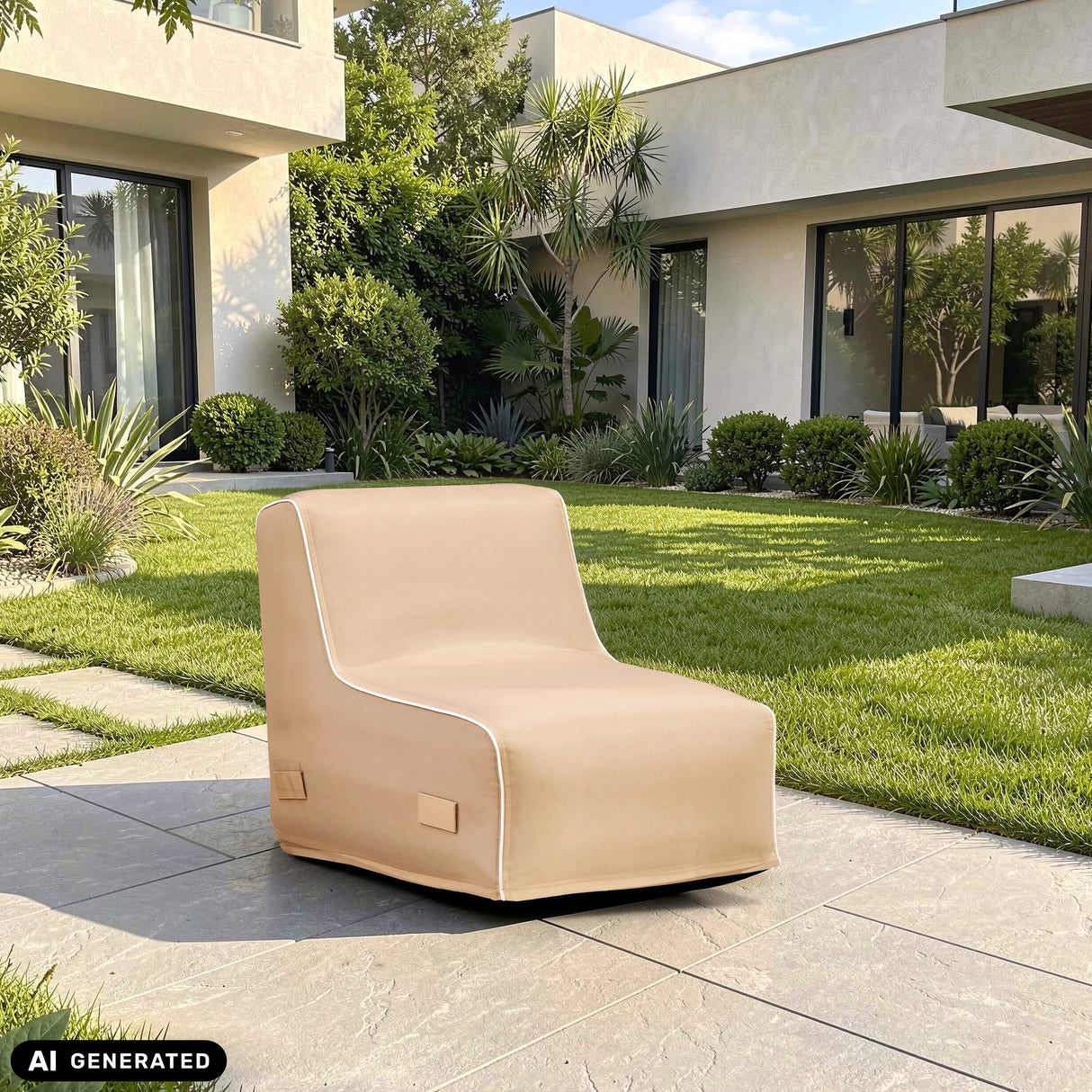 Beiges Luftsofa Sitzolo Air auf einer Terrasse vor einer Grünanlage von hjh LIVING (KI-generiertes Bild)