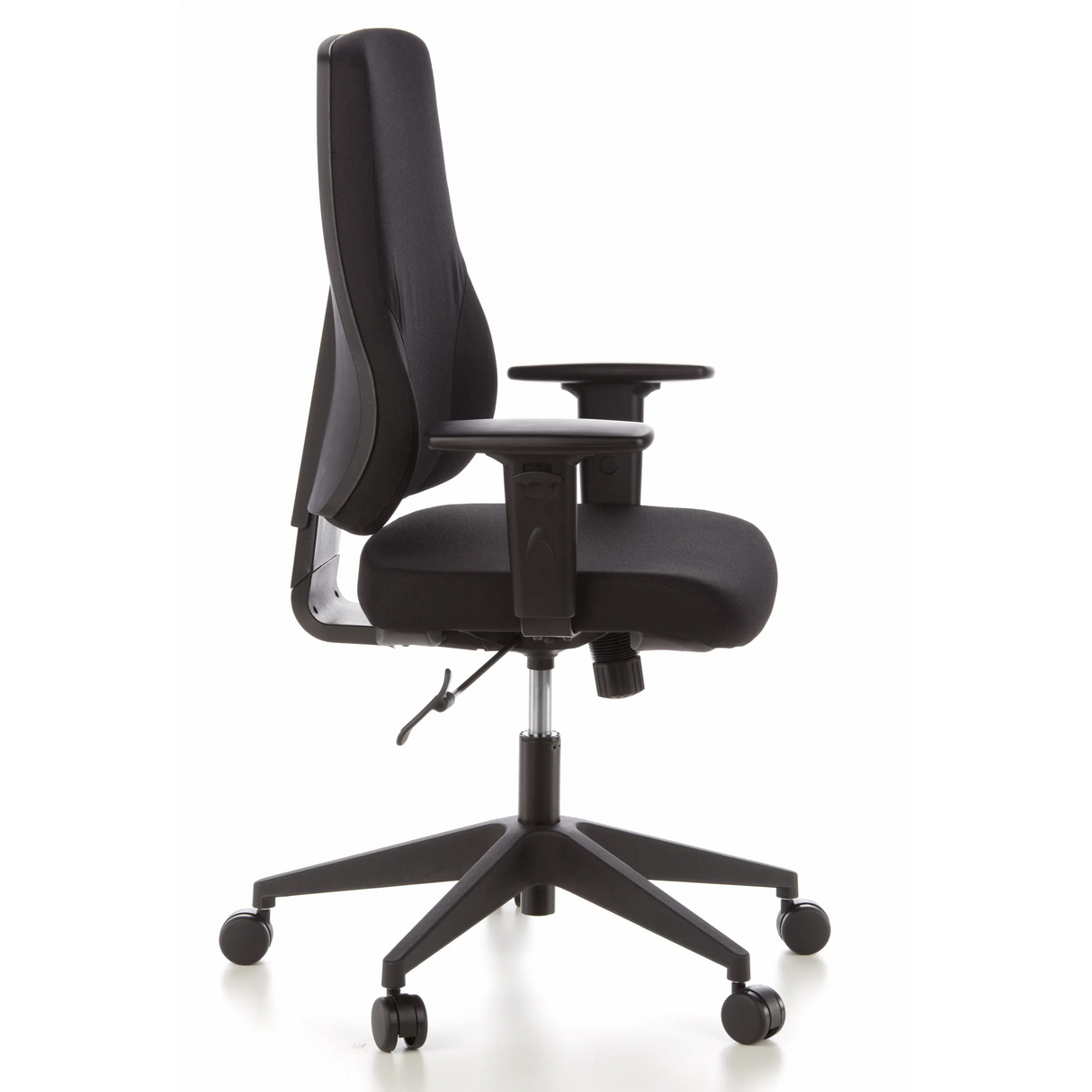 Schwarzer Profi-Bürostuhl PRO-TEC 100 mit Armlehnen und Fußkreuz mit fünf Rollen von hjh OFFICE – 360-Grad-Ansicht (Seitenprofil 80°)