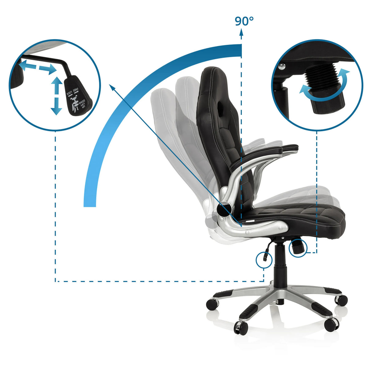 Verstellbare Rückenlehne bis 90 Grad und Bedienhebel des Gamingstuhls GAME SPORT von hjh OFFICE