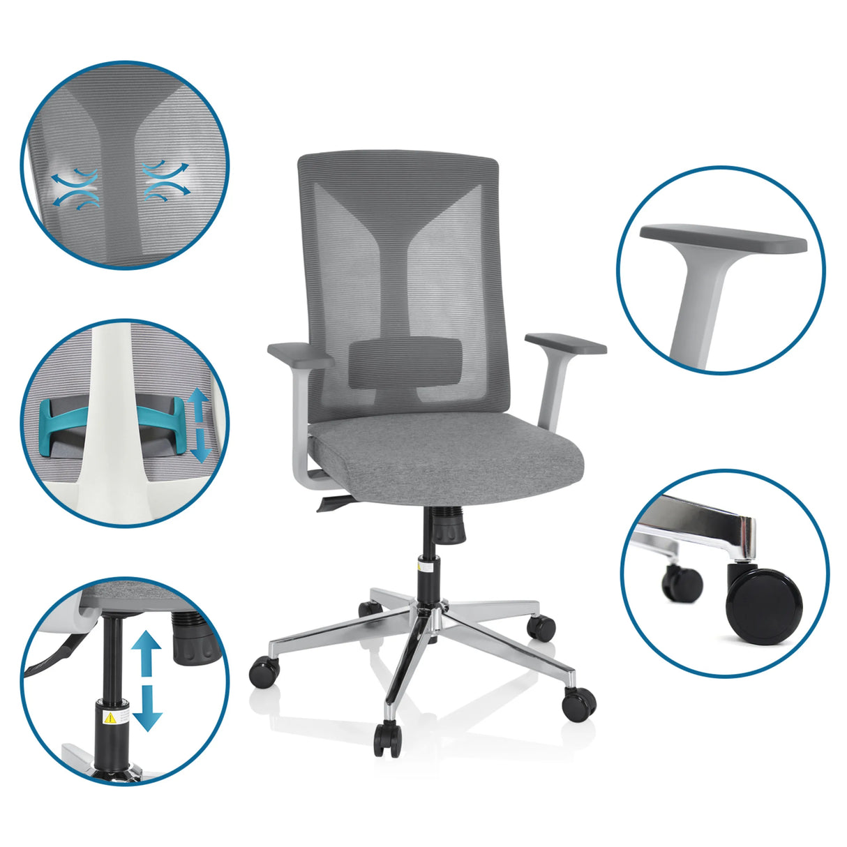 Grauer Profi-Bürostuhl HALIFAX mit Detailansichten zu Netzrücken, Armlehnen, Gasfeder und Rollen von hjh OFFICE