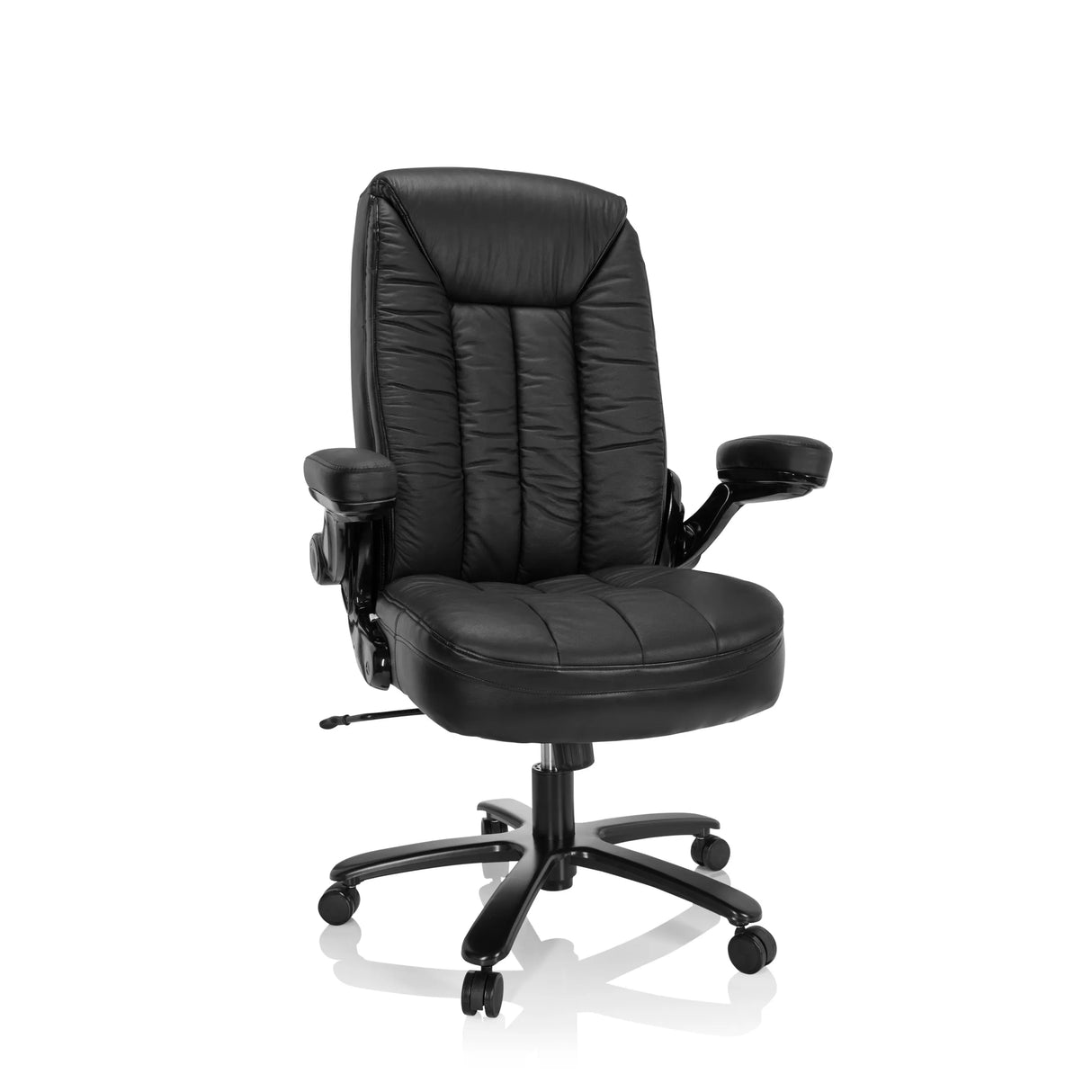 Schwarzer XXL Drehstuhl INSTRUCTOR III aus Leder mit Fußkreuz und fünf Rollen von hjh OFFICE – 360-Grad-Ansicht (Frontansicht 20°)