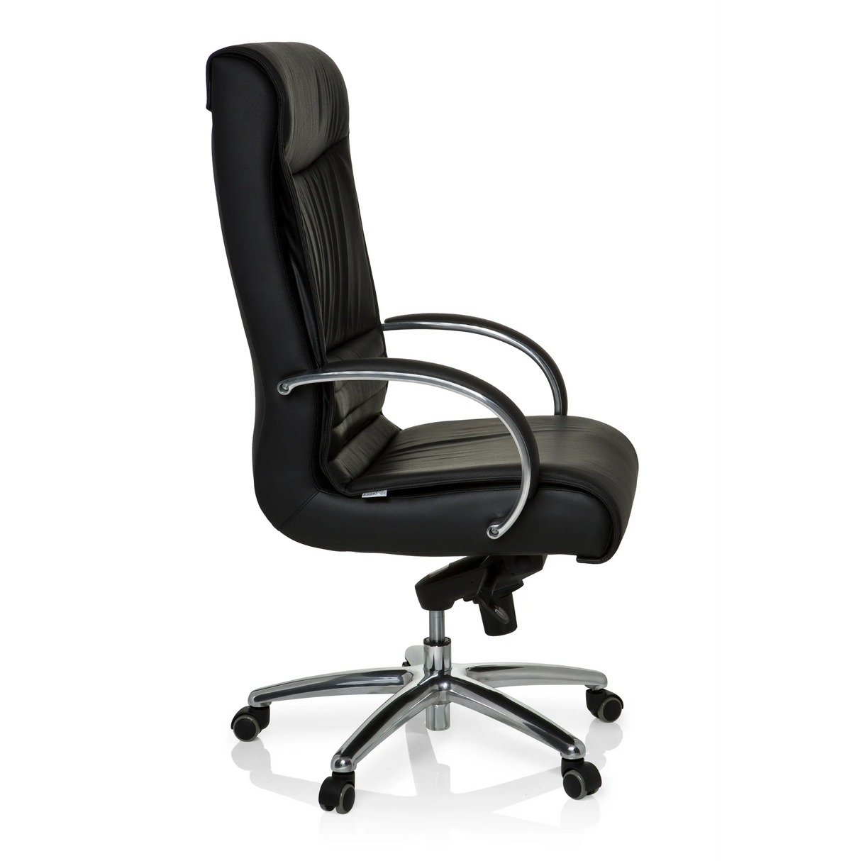 Schwarzer Drehstuhl XXL F 400 aus Leder mit Fußkreuz und fünf Rollen von hjh OFFICE – 360-Grad-Ansicht (Seitenprofil 80°)