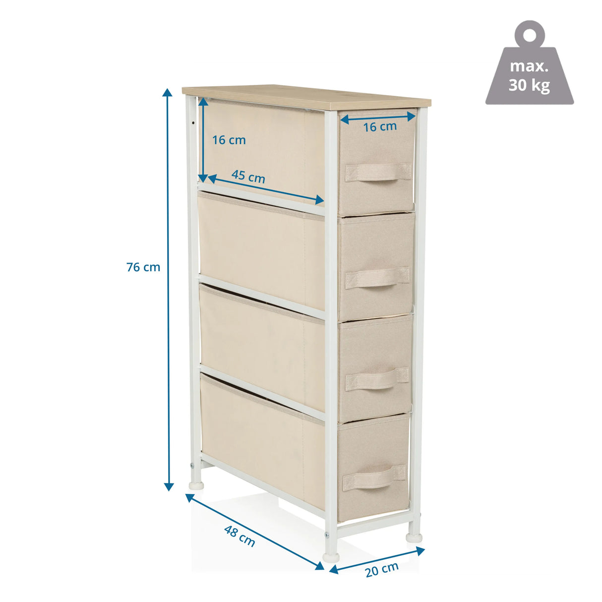 Maßzeichnung der Kommode FOLDRESS S mit 76 × 48 cm und vier Schubladen von hjh LIVING
