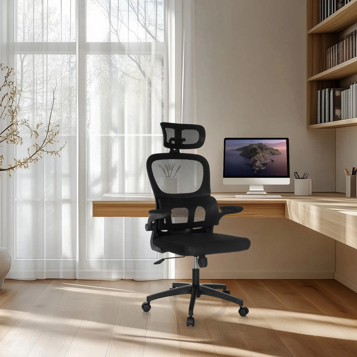 Schwarzer Homeoffice-Bürostuhl ERGOMY FLEX mit Netzrückenlehne und Kopfstütze von MyBuero