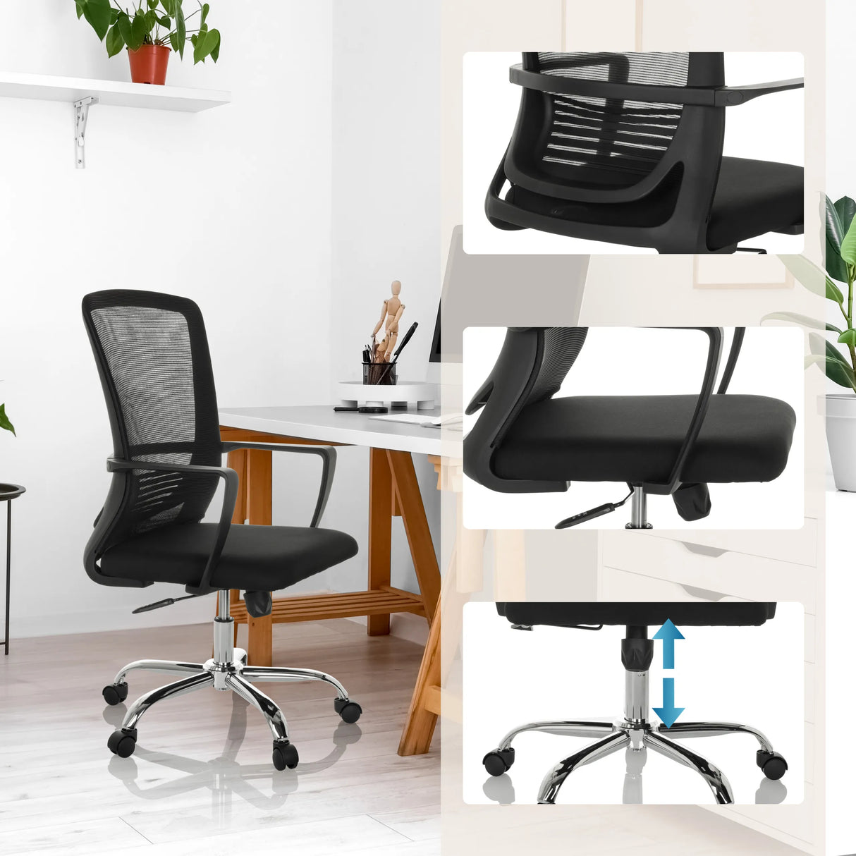 Schwarz gepolsterter Homeoffice-Bürostuhl STAR-TEC S mit Netzrückenlehne und Gasfeder von hjh OFFICE