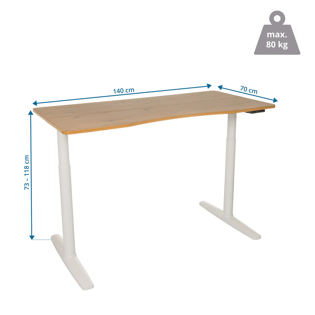 Maßzeichnung des elektrisch höhenverstellbaren Schreibtischs STAND PRO R mit 140 × 70 cm von hjh OFFICE