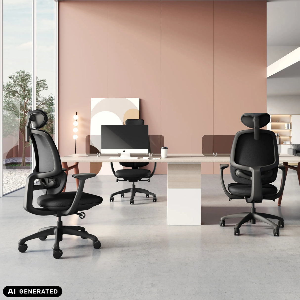 Drei schwarze Profi-Bürostühle RI-COVER an einem Schreibtisch von hjh OFFICE (KI-generiertes Bild)