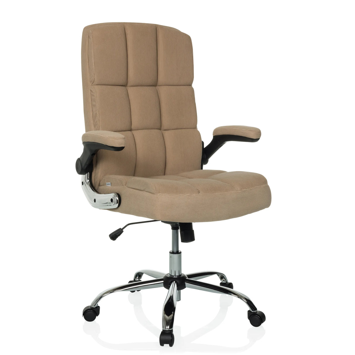 Beiger Homeoffice Chefsessel RELAX WD 100 mit Cord-Bezug und Fußkreuz mit fünf Rollen von MyBuero – 360-Grad-Ansicht (schräge Frontansicht 30°)