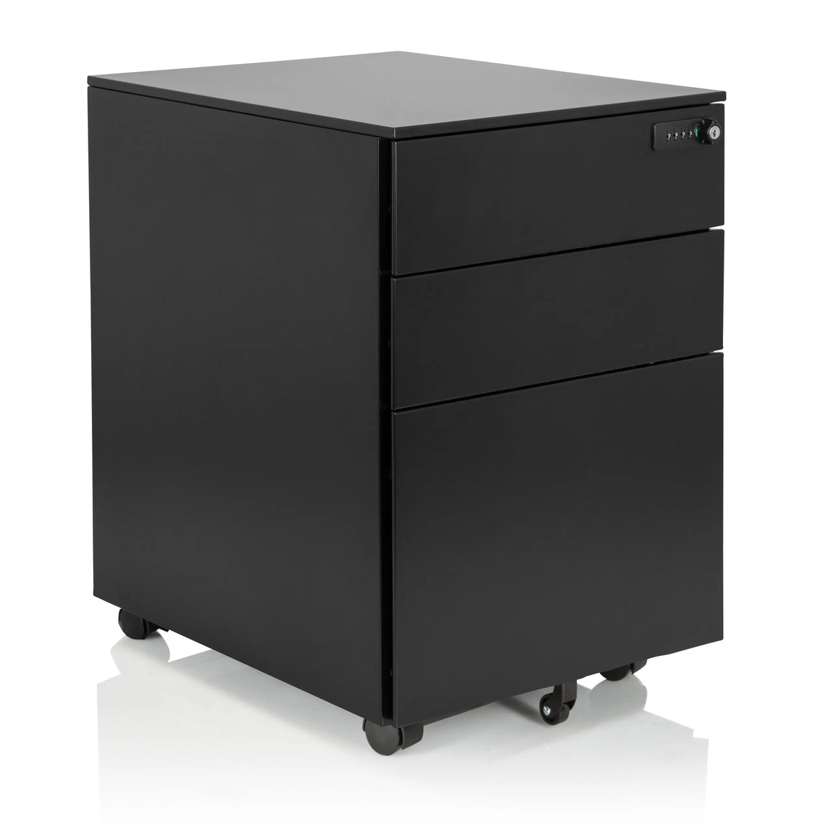 Schwarzer Rollcontainer COLOR OS I aus Metall mit drei Schubladen und Rollen von hjh OFFICE – 360-Grad-Ansicht (schräge Frontansicht 40°)