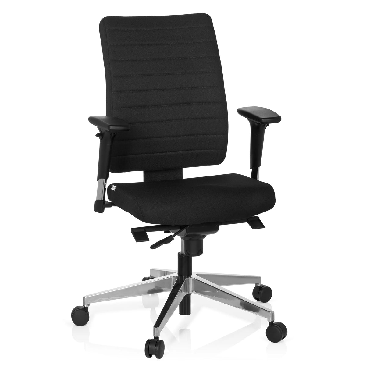 Schwarzer Profi-Bürostuhl PRO-TEC 350 mit Armlehnen und silbernem Fußkreuz mit fünf Rollen von hjh OFFICE – 360-Grad-Ansicht (Frontansicht 20°)