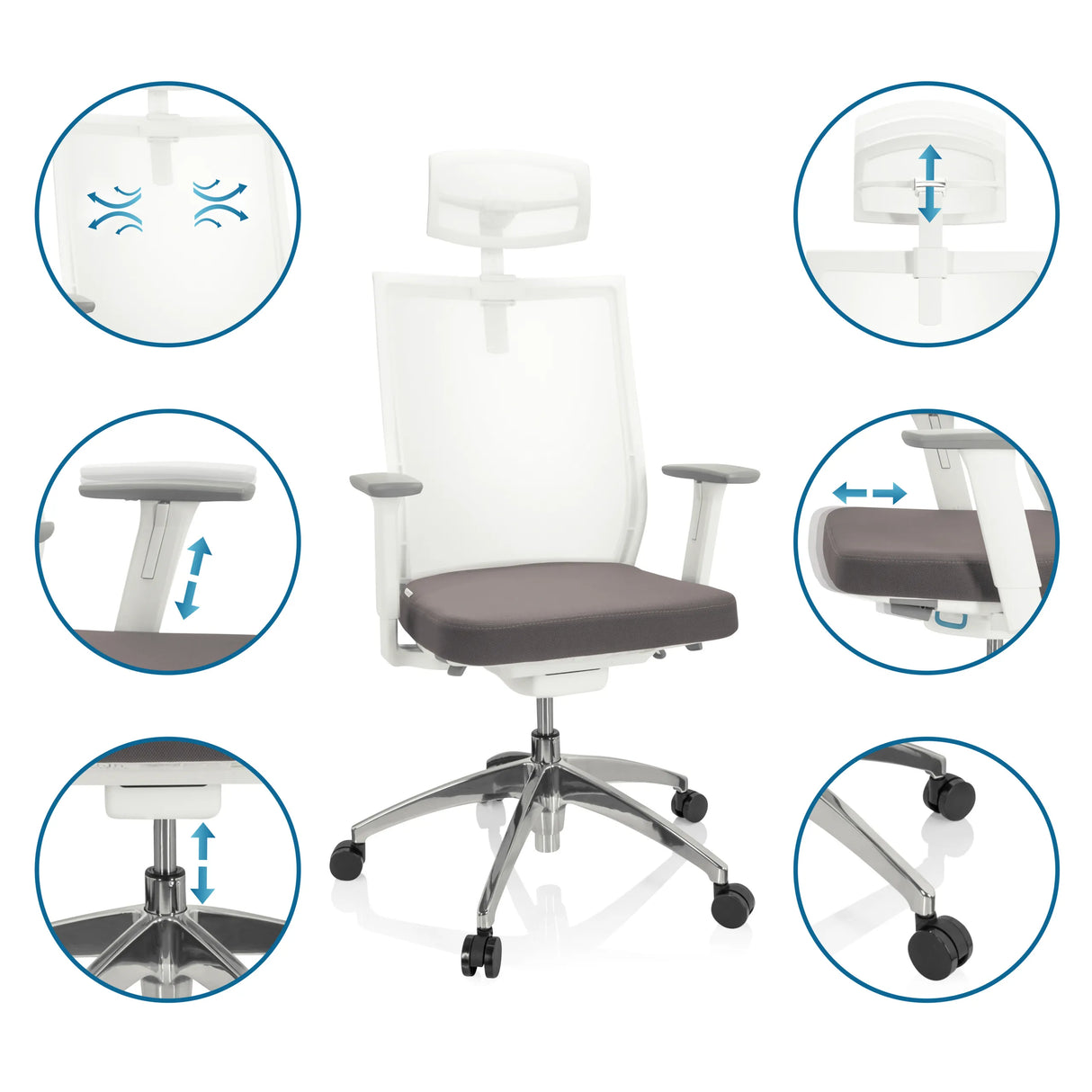 Verstellmechanismen des Profi-Bürostuhls ASPEN WHITE PRO in Grau-Weiß von hjh OFFICE