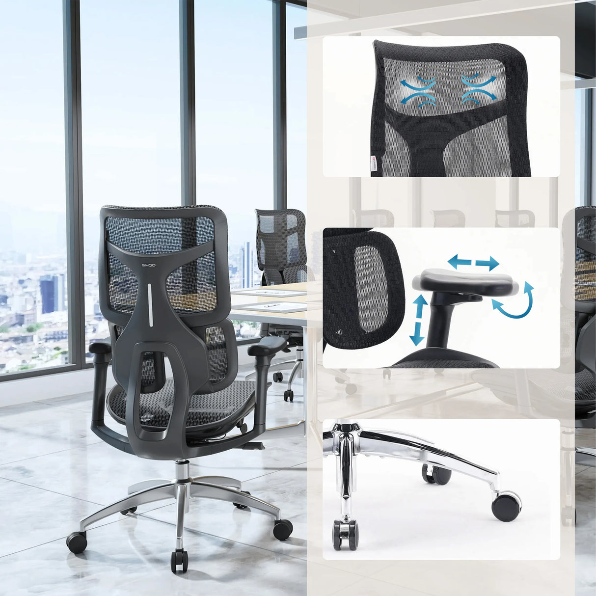 Profi-Bürostuhl S100-M301 mit verstellbarer Lendenstütze, Sitzhöhe und Fußkreuz von Sihoo