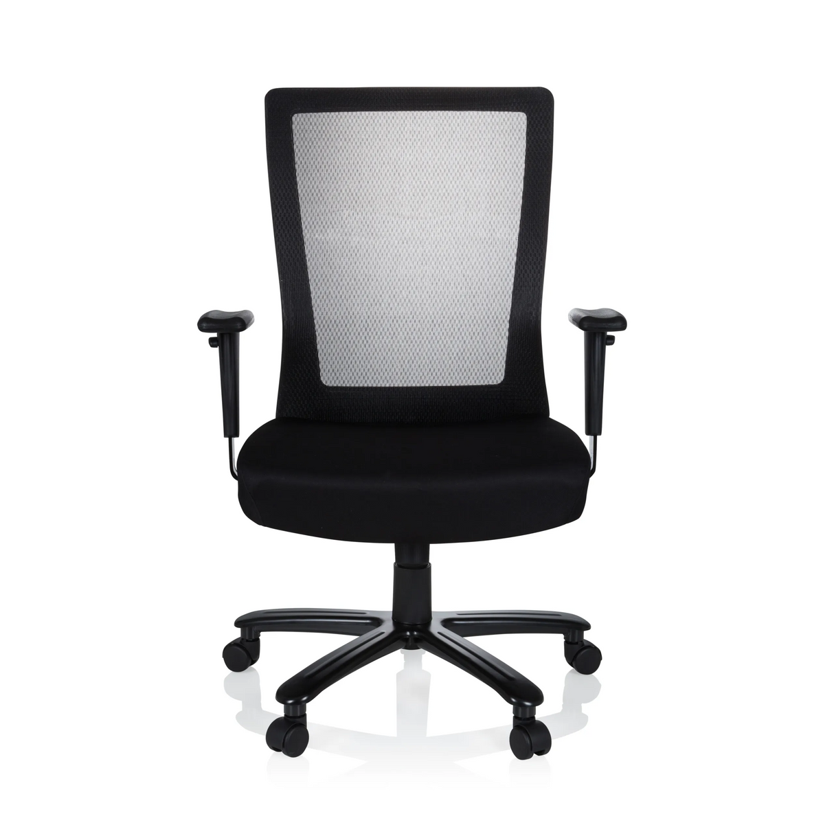 Schwarzer Drehstuhl XXL EXTENDER mit Netzrücken und Fußkreuz mit fünf Rollen von hjh OFFICE – 360-Grad-Ansicht (Frontansicht 0°)