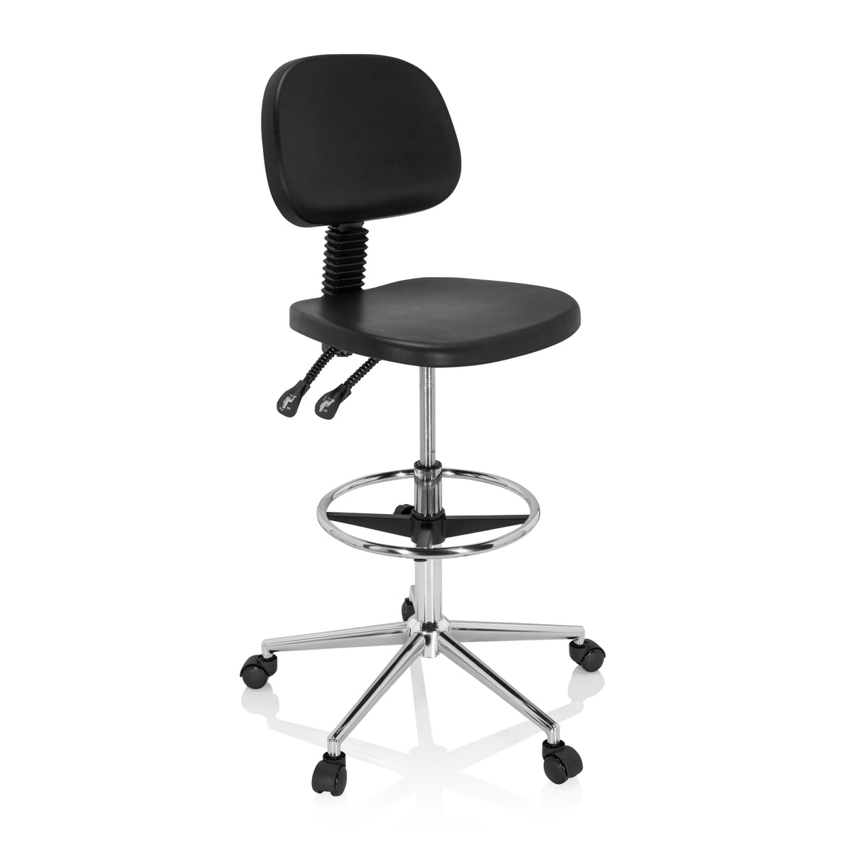 Schwarzer Counterstuhl TOP WORK 24 I mit Fußring und Fußkreuz mit fünf Rollen von hjh OFFICE – 360-Grad-Ansicht (schräge Frontansicht 40°)