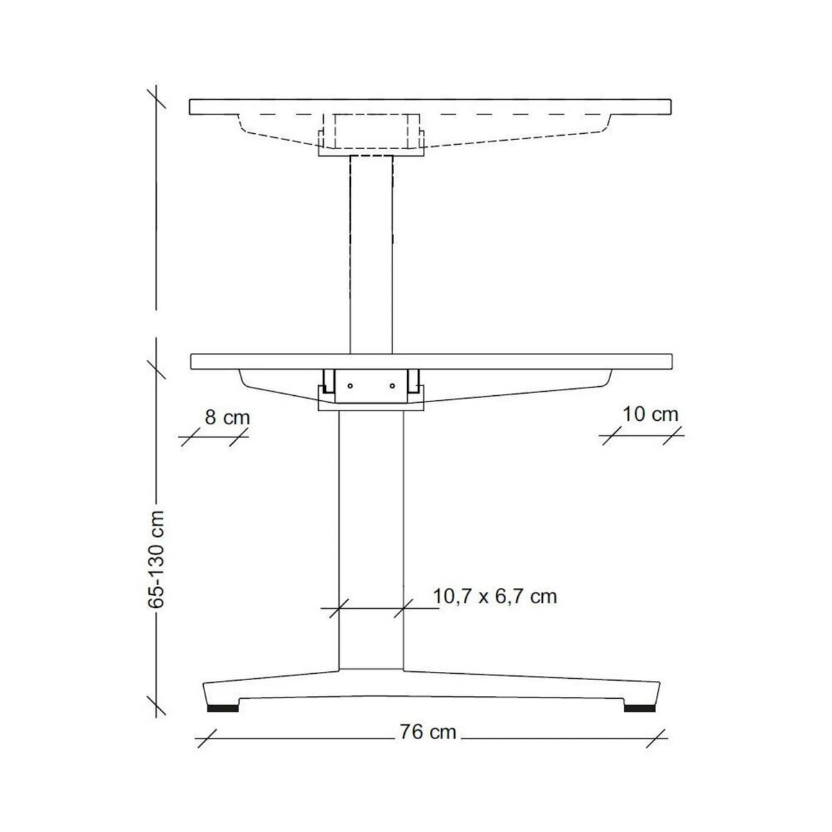 Maßzeichnung des höhenverstellbaren Schreibtischs XBHM 16 SS mit einer Höhe von 65-130 cm von hjh OFFICE PRO