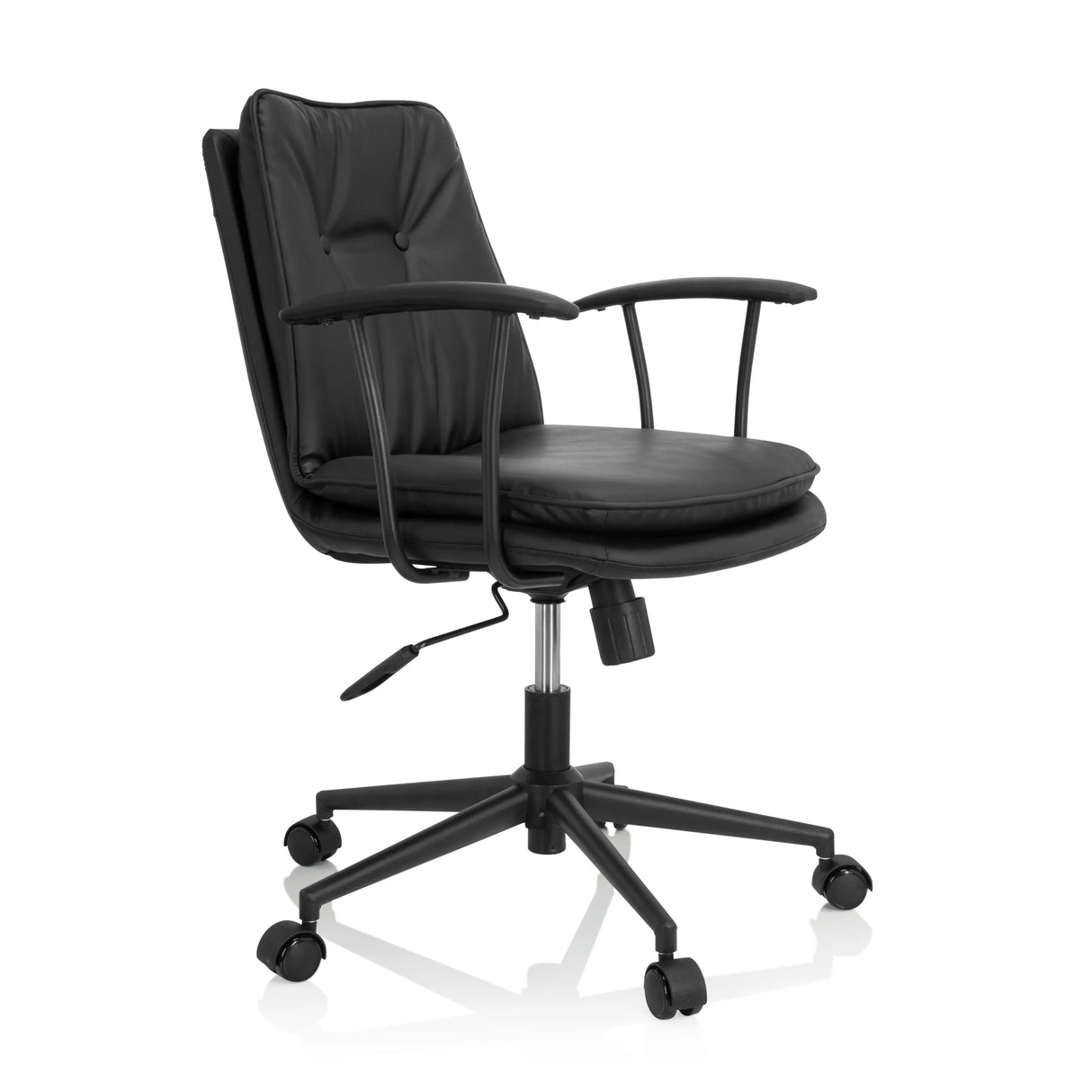 Schwarzer Homeoffice-Bürostuhl SMALLO mit Polsterung und Fußkreuz mit fünf Rollen von hjh OFFICE – 360-Grad-Ansicht (schräge Frontansicht 60°)