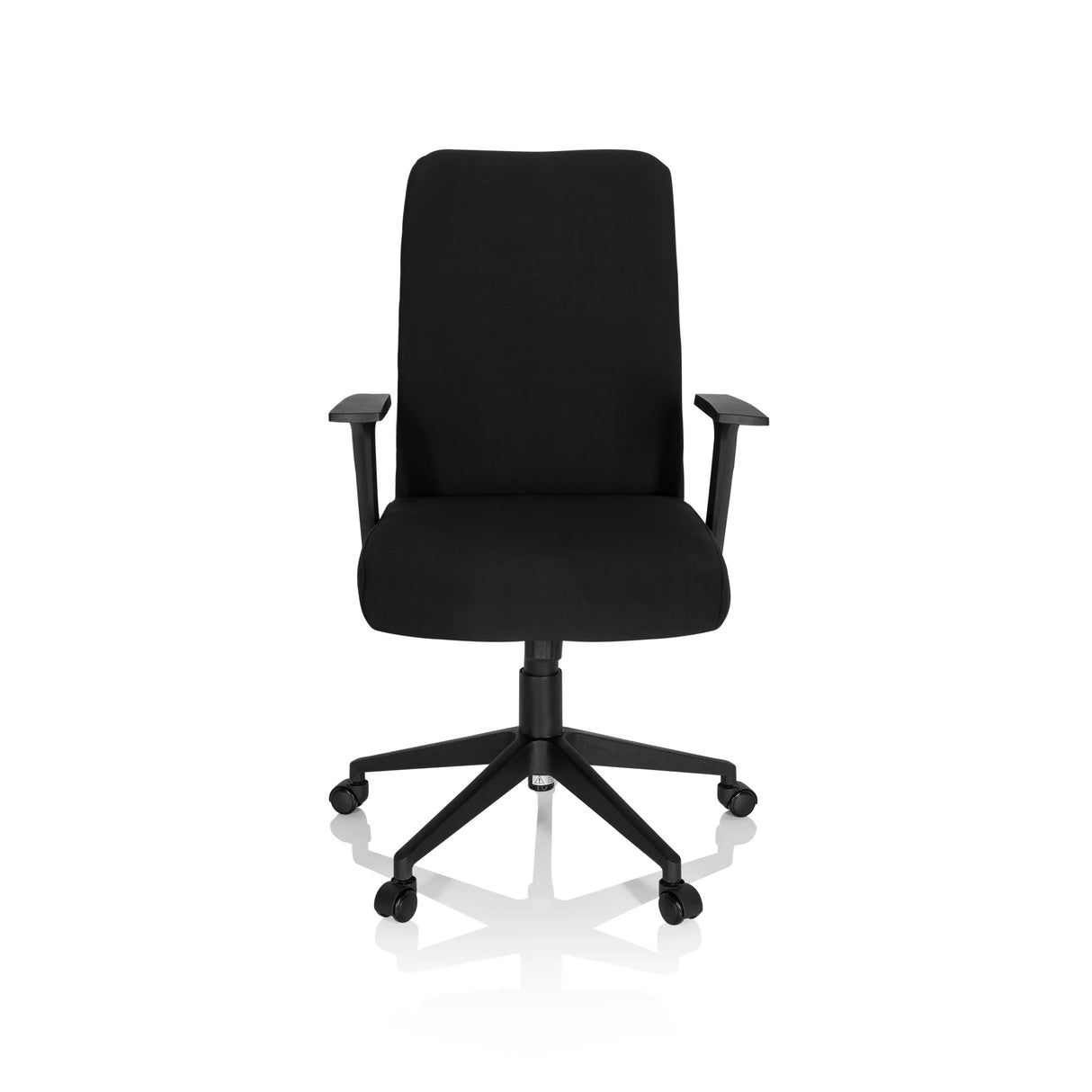 Schwarzer Home-Office-Bürostuhl COSIO I mit Armlehnen und Fußkreuz mit fünf Rollen von hjh OFFICE – 360-Grad-Ansicht (Frontansicht 0°)