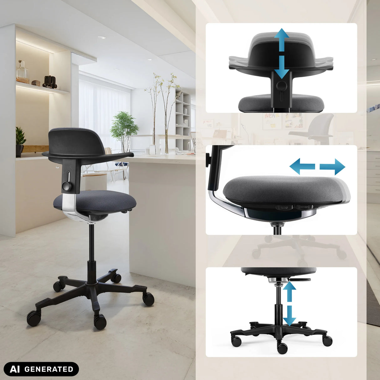 Höhenverstellbare Rückenlehne, Sitzfläche und Gasfeder des Arbeitsstuhls WORK 40 von hjh OFFICE (KI-generiertes Bild)