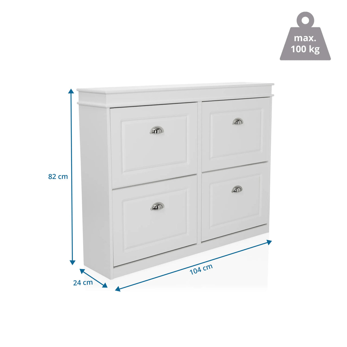 Maßzeichnung des Schuhschranks ESTHA 4 mit 104 × 82 cm und maximal 100 kg Traglast von hjh LIVING