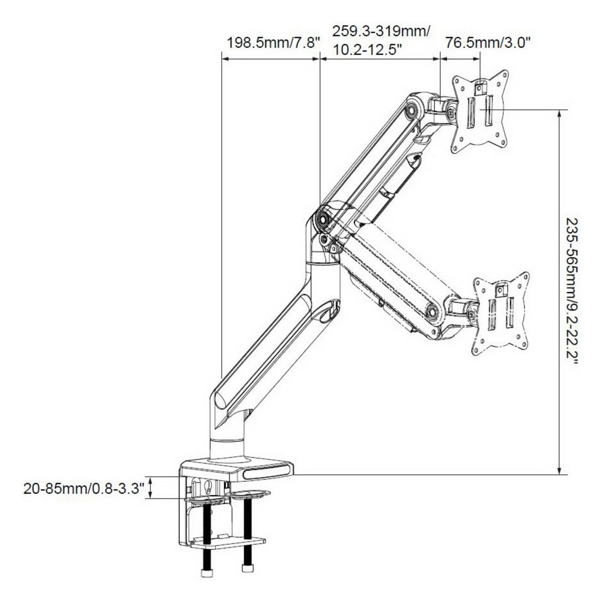 Technische Zeichnung der Monitorhalterung VM-MG1S mit einer maximalen Höhe von 565 mm von hjh OFFICE