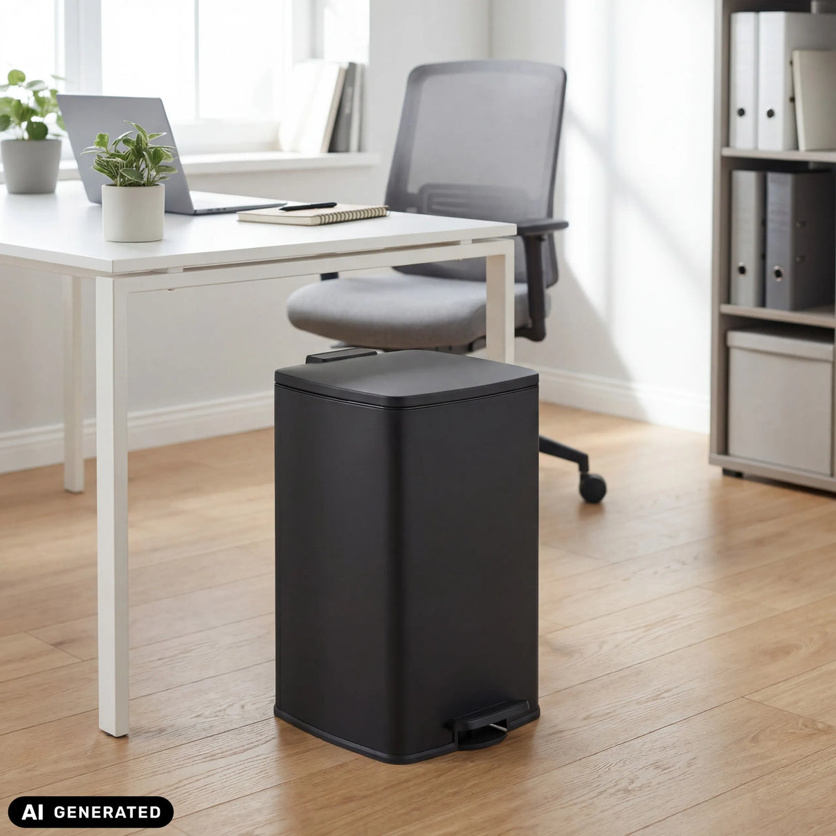Schwarzer Mülleimer Clean Step 3 mit 50 Litern Fassungsvermögen und Fußpedal von hjh OFFICE (KI-generiertes Bild)