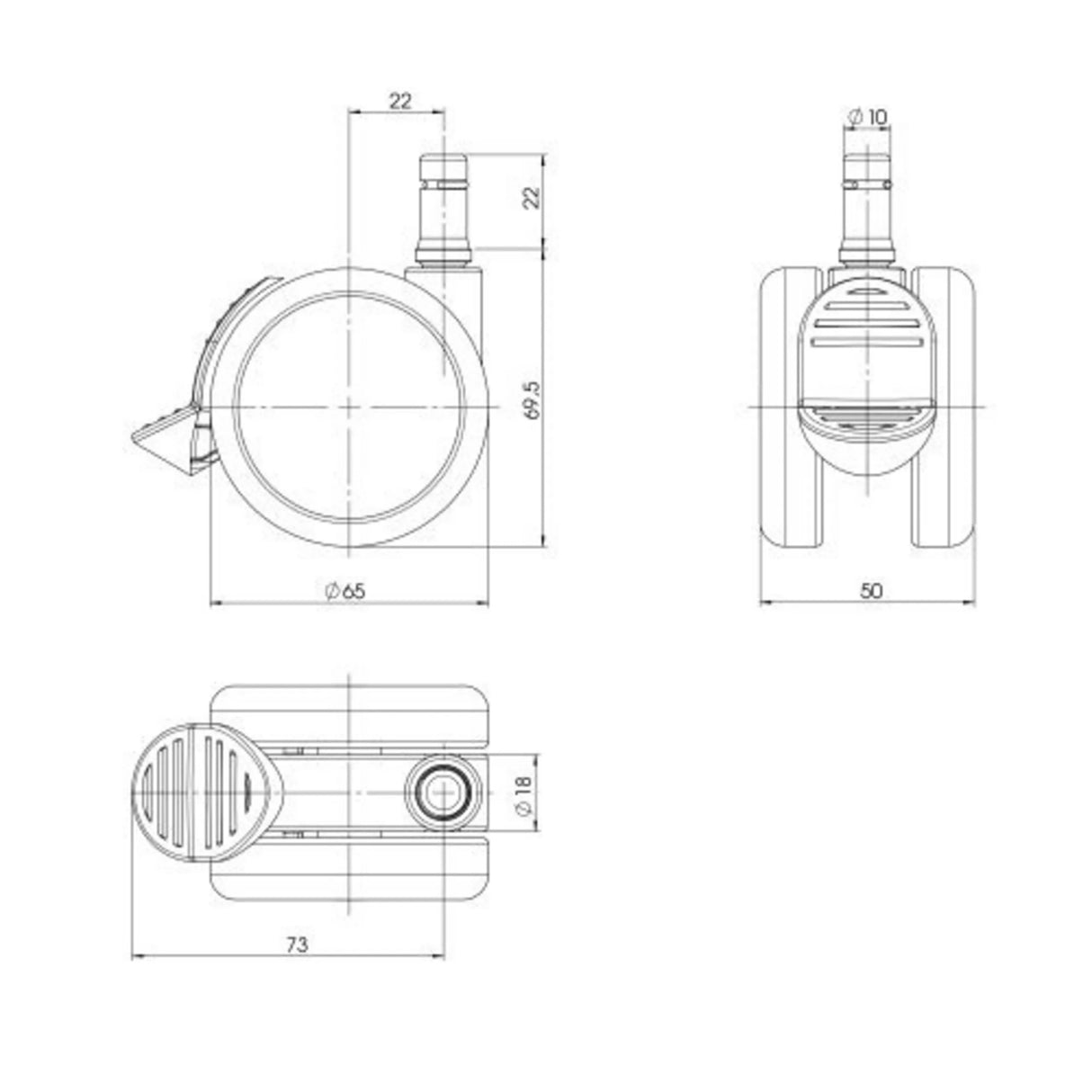 Technische Zeichnung der Stuhlrolle 5x ROLO STOP 10mm/65mm mit einem Durchmesser von 65 mm von hjh OFFICE