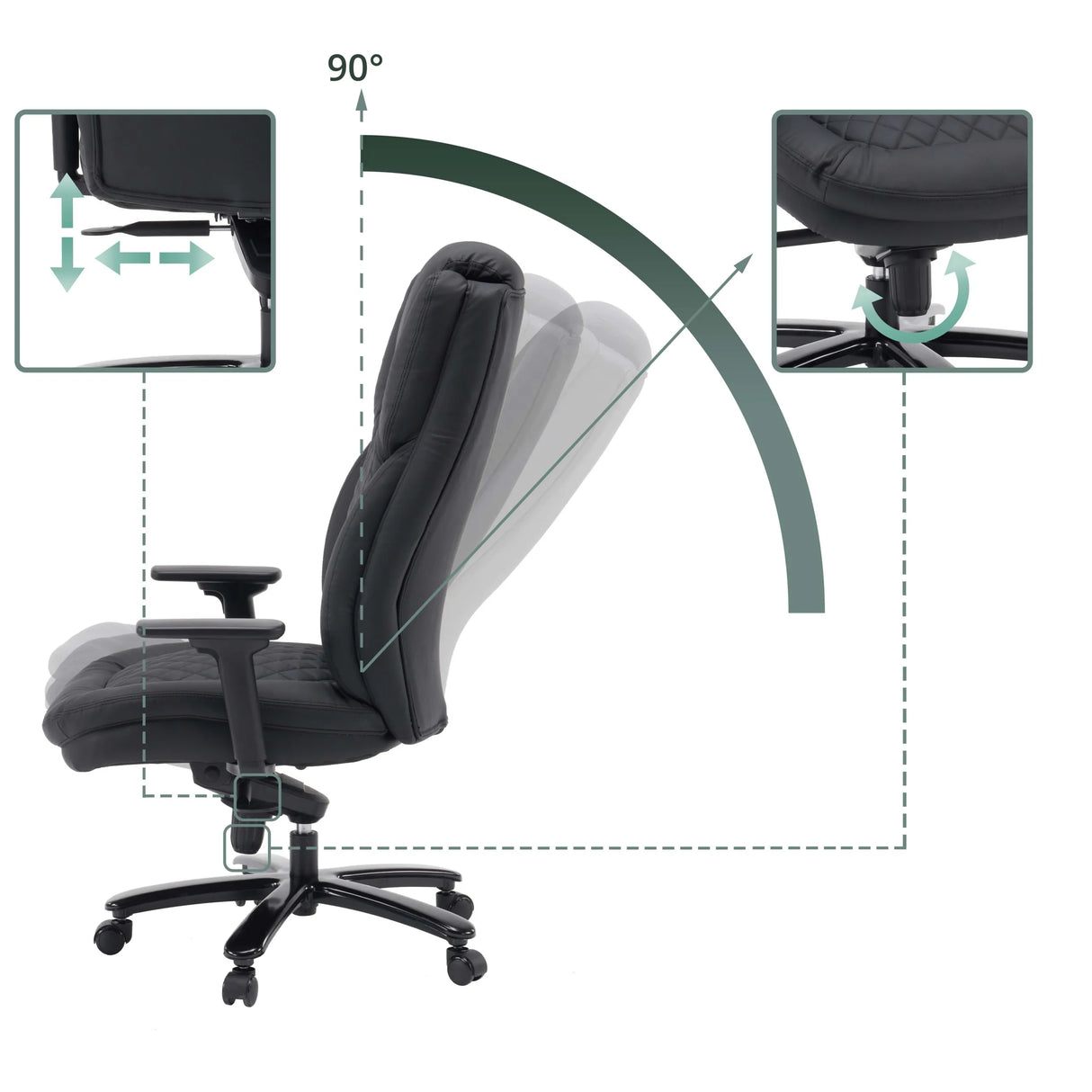 Verstellbare Rückenlehne bis 90 Grad und Armlehnen des Drehstuhls XXL Pullmann Gen2 von hjh OFFICE
