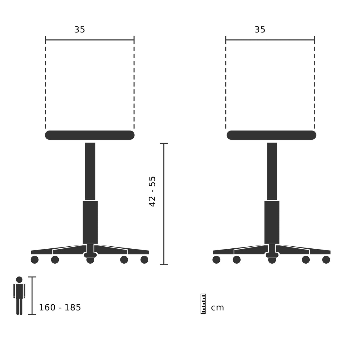 Technische Zeichnung des Drehhockers BALANCE 10 mit einer Sitzbreite von 35 cm von Topstar
