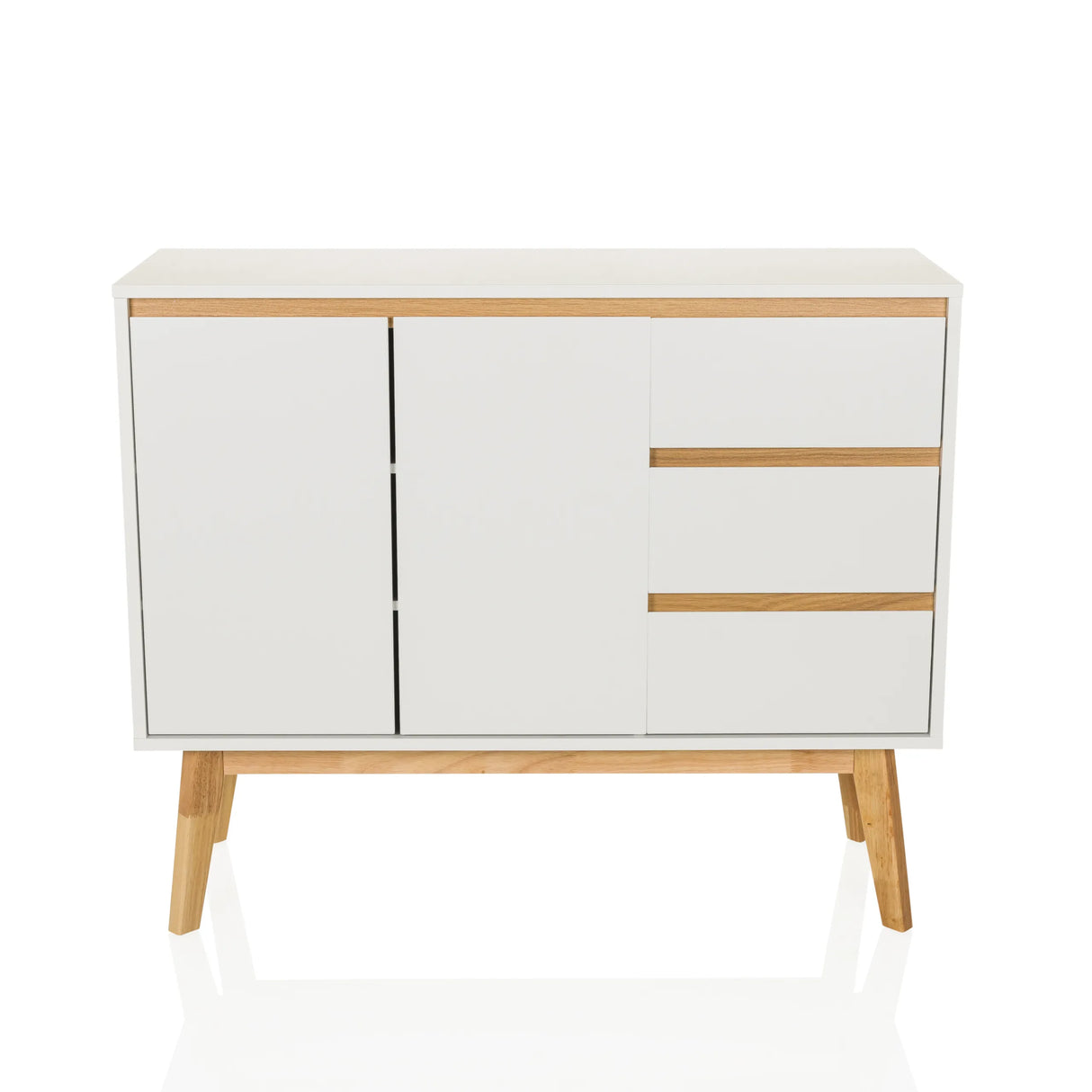 Weißes Sideboard TAROLO I mit drei Schubladen, zwei Türen und Holzbeinen von hjh LIVING – 360-Grad-Ansicht (Frontansicht 0°)