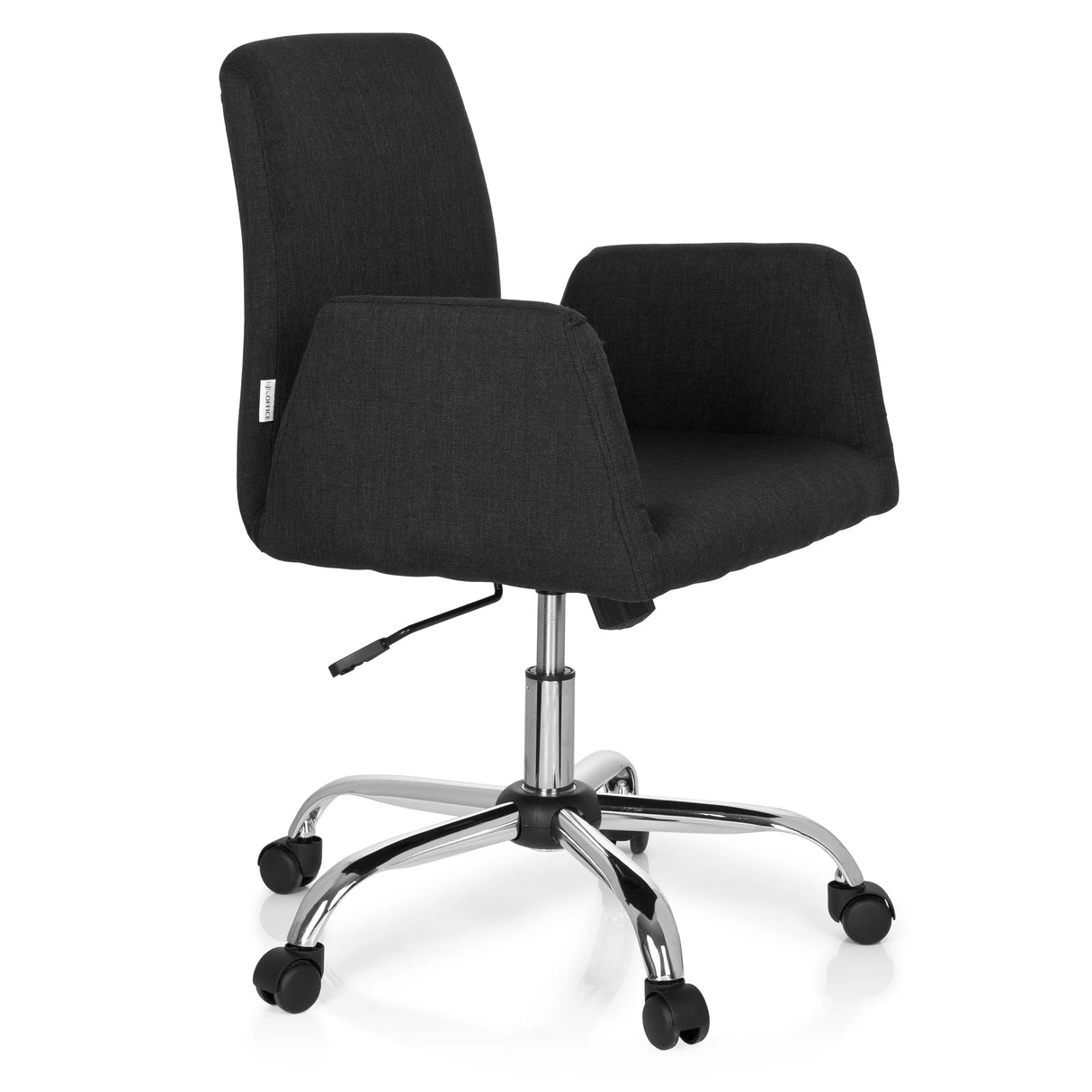 Schwarzer Homeoffice-Bürostuhl FLOW mit Armlehnen und glänzendem Fußkreuz mit fünf Rollen von hjh OFFICE – 360-Grad-Ansicht (schräge Frontansicht 60°)