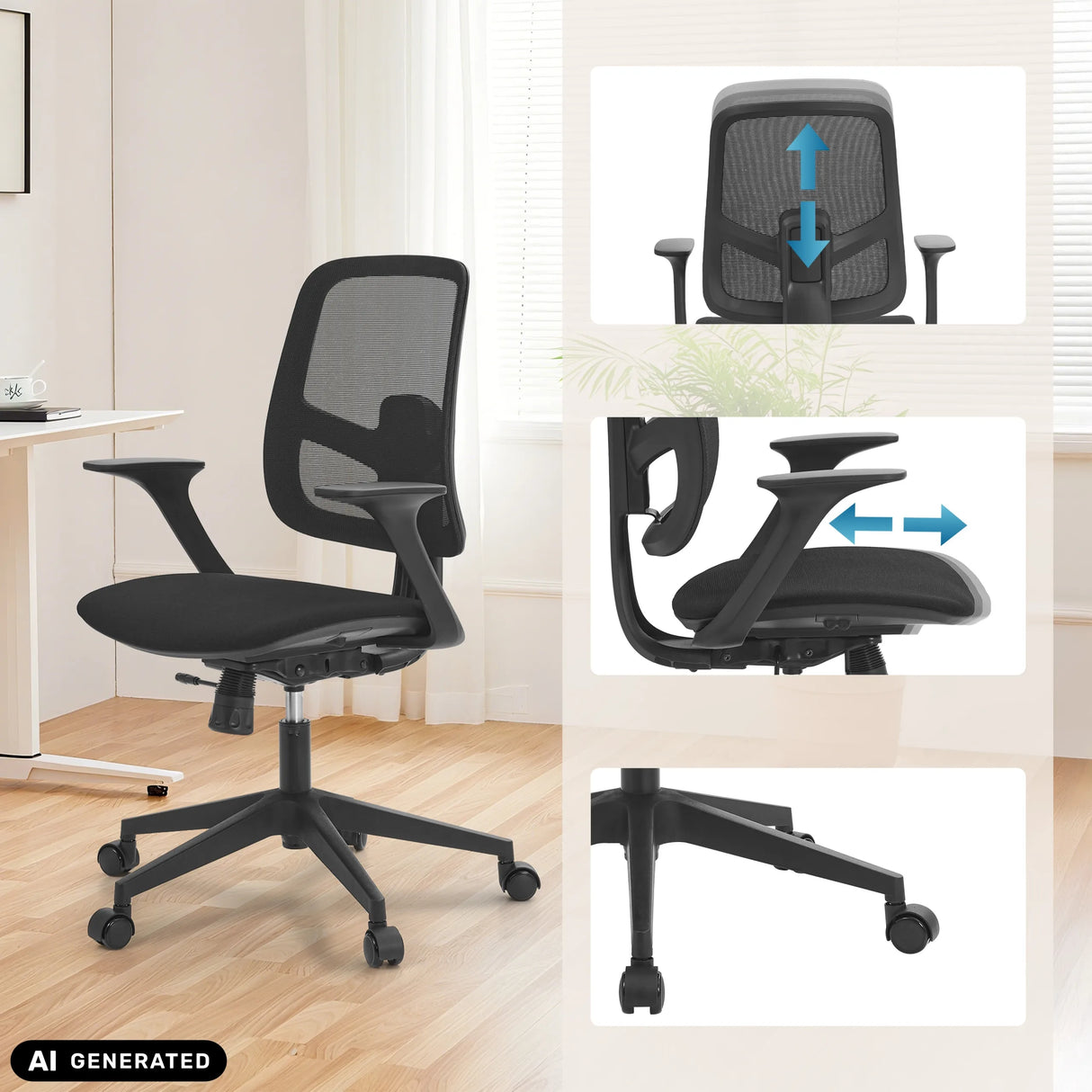 Homeoffice-Bürostuhl Malio in Schwarz mit verstellbarer Rückenlehne und Armlehnen von hjh OFFICE (KI-generiertes Bild)