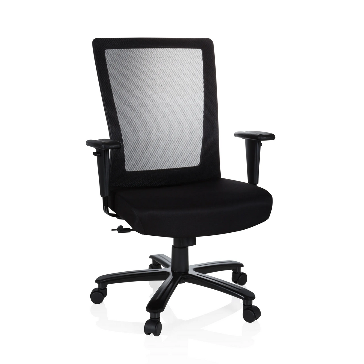 Schwarzer Drehstuhl XXL EXTENDER mit Netzrücken und Fußkreuz mit fünf Rollen von hjh OFFICE – 360-Grad-Ansicht (Frontansicht 20°)