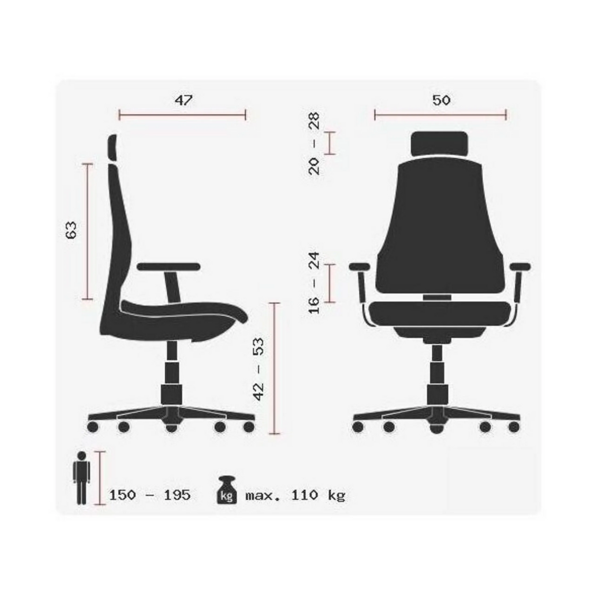 Technische Zeichnung des Profi-Bürostuhls HEAD POINT RS mit einer maximalen Belastung von 110 kg von Topstar