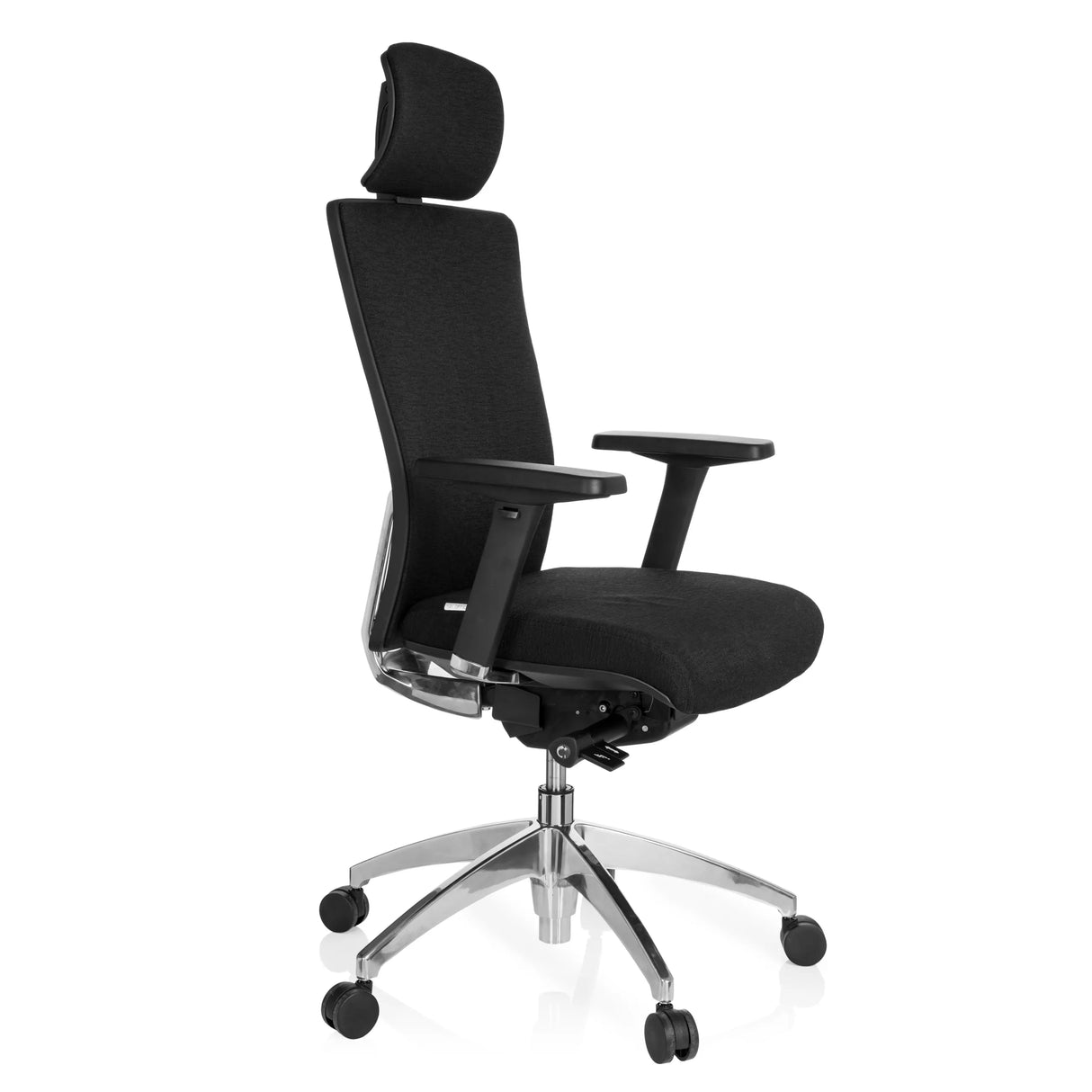 Schwarzer Profi-Bürostuhl ASTRA LUX mit Kopfstütze, Armlehnen und Fußkreuz mit fünf Rollen von hjh OFFICE – 360-Grad-Ansicht (schräge Frontansicht 60°)