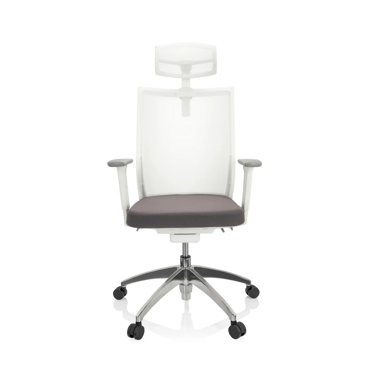 Grau-weißer Profi-Bürostuhl ASPEN WHITE PRO mit Netzrücken, Kopfstütze und Fußkreuz mit fünf Rollen von hjh OFFICE – 360-Grad-Ansicht (Frontansicht 0°)
